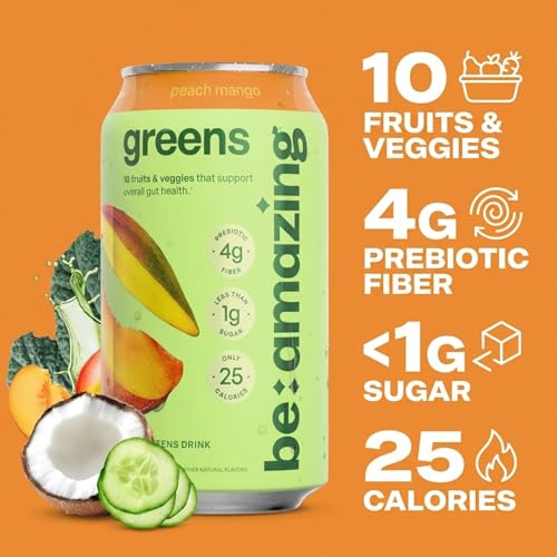 Image of Be Amazing Greens Drink, Peach Mango, Ready to Drink, 10 Organic Fruits & Vegetables, Coconut Water, Vitamin C, Prebiotic Fiber, 25 Calories, Low Sugar, Vegan, Gluten Free, On the Go, 8 Pack
