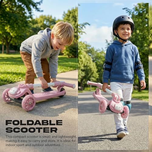 Image of Baybee Rovix Kick Scooter for Kids | Foldable Skate Scooter with 3 Height Adjustment Handle & LED Light Wheels | 3 Wheel Baby Scooter with Rear Brake | Kids Scooter for 2 to 10 Years Boy Girl (Pink)