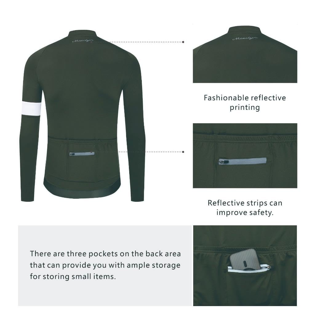 Moxilyn Jersey de ciclismo de invierno para hombre, manga larga, forro polar térmico, clima frío, chaquetas de ciclismo cálidas, bolsillos con cremallera, verde militar, 3XL