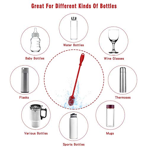 Image of Silicone Bottle Cleaning Brush with Long Handle, BPA Free 12.5 inch Water Bottle Cleaner for Baby Bottles, Hydro Flask, Sports Bottle, Vase, Glassware, Perfect for Smaller Diameter Bottle Openings (Red)
