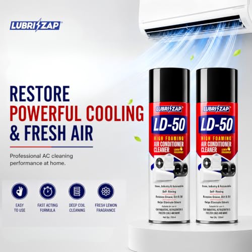 Image of Lubrizap LD-50 AC Foam Cleaner Spray for Split, Window AC & Car AC | Cleans Coils, Vents & Ducts | Removes Dust, Mold, Odors & Bacteria | Restores Cooling & Fresh Lemon Air | 200ml | Formulation 100X