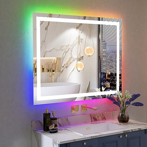 Image of 40x32 Inch RGB LED Bathroom Mirror Front Light and RGB Backlit Lighted Vanity Mirror for Bathroom Wall Mounted Dimmable Anti Fog Memory Shatter-Proof IP54 Waterproof Horizontal /Vertical