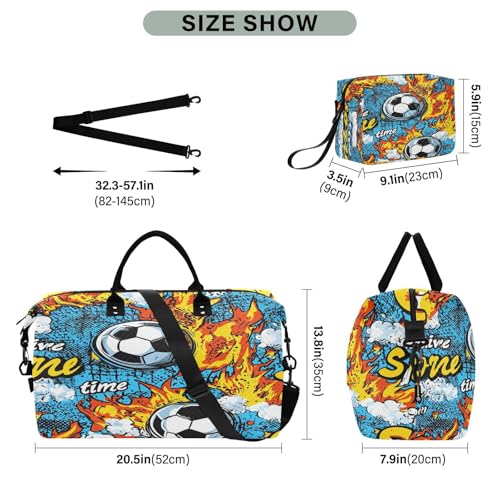 Flame Cartoon Football Travel Duffel Bag Large Capacity Weekender Bag with Toiletry Bag Detachable Shoulder Strap Travel Tote Bag for Women3