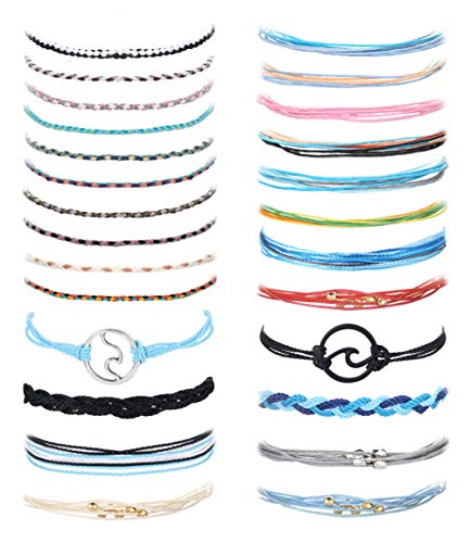 LOYALLOOK 26PCS Vsco Bracelets Ocean Wave Bracelet Adjustable Waterproof Handmade Strand Braided Rope Bohemian for Women Men Friendship Wrist Anklet Cord Bracelet