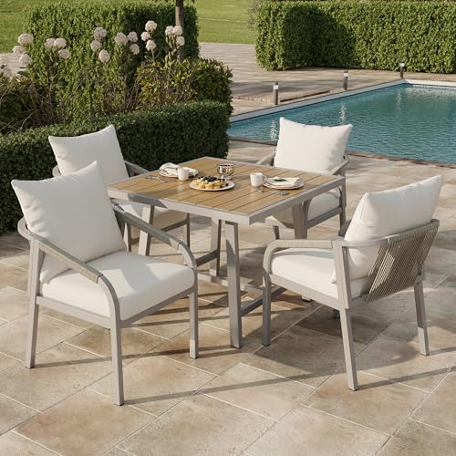 ECLIVON Conjunto de Jardin Exterior de Cuerda para 4 Personas, 5 Piezas, Set Muebles Jardin con 4 Sillones y Mesa, Sillas con Cojines y Respaldo, Juego de Muebles de Jardín para Terraza (Caqui+Beige)