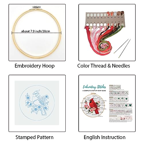 Image of Louise Maelys Cardinal Embroidery Kits for Beginners with Bird Flower Pattern,Adults Starter Cross Stitch Kit DIY Needlepoint