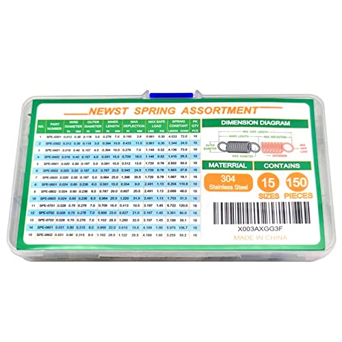 Extension Spring | Newst Spring Assortment Set | Stainless Steel Small Extension Springs | 15 Different Sizes 150 Piece Springs Assortment Kit #TOP4