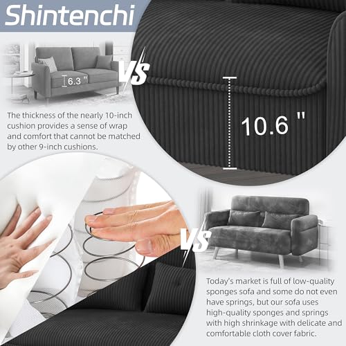 Image of Shintenchi 48'' Loveseat Sofa, Mid-Century Modern Upholstered Couch Deep Seat with 2 Pillows, 10 inch Thick Cushion with Spring, Solid Wood Frame Small Couch for Living Room, Dorms & Office, Black