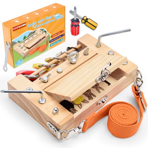 Screwdriver Board-Montessori Toy Lock and Key Toy Set for Kids, Storage Wooden Tools Preschool Sensory Toys for 3 +Year Old