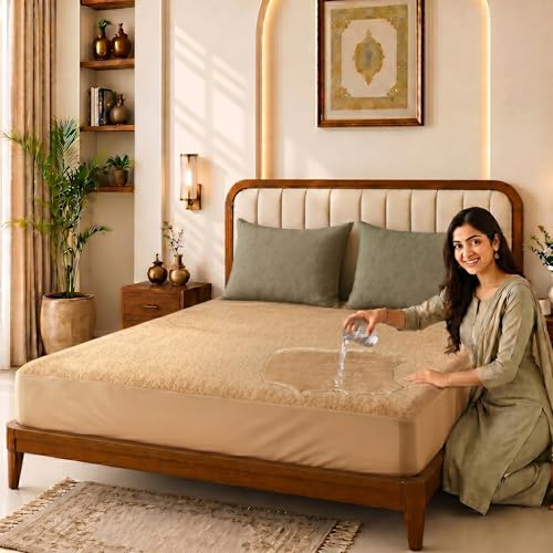 Image of Glassiano Cotton Feel Terry Ultra Soft Waterproof Mattress Protector | Breathable - Hypoallergenic Mattresses Cover with Elastic Strap for King Bed (72x84 inch|6x7 feet, Beige - Pack of 1)