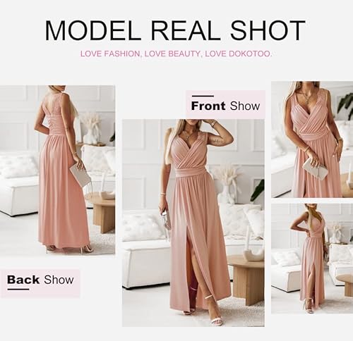 Dokotoo Womens Ladies Elegant Floor Length A Line Wrap Deep V Neck Backless Ruched Pleated Ruffled Split Long Maxi Formal Evening Party Prom Dress Bridesmaid Wedding Guest Dresses For Women Pink L #TOP3