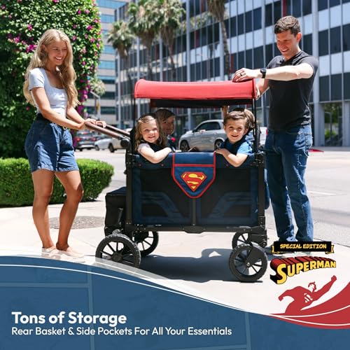 Image of WONDERFOLD W4 Luxe Pro Special Edition Superman Stroller Wagon (4 Seater) - Collapsible Wagon Stroller with Seats with 5-Point Harnesses, Easy Access Zipper Door, and Removable Sun Canopy