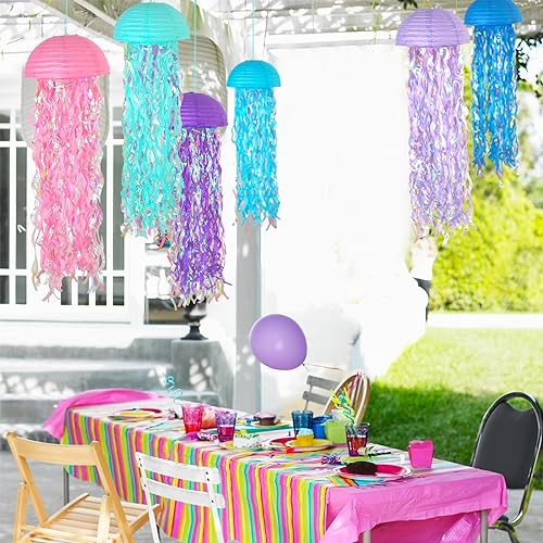 Image of 10 Inch Jellyfish Paper Lanterns 6 Pack, Hanging Decor for Under The Sea Party Decorations, Ocean Themed Birthday Supplies, Mermaid Baby Shower, Nautical Event and Classroom Decor