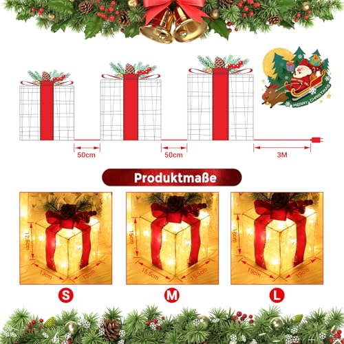 ELKTRY 3er Set LED Weihnachtsdeko innen, Geschenkboxen mit Schleife außen – Ansicht 5