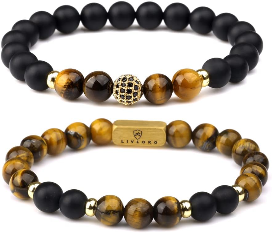 LONDON Mens Bracelet Leather Black Multi-Layer Stone Beads Adjustable Steel Clasp Viking Rope Bands Surfer Man Wristband Male UK Jewellery Gift box Boyfriend Dad Son Brother Tiger Eye