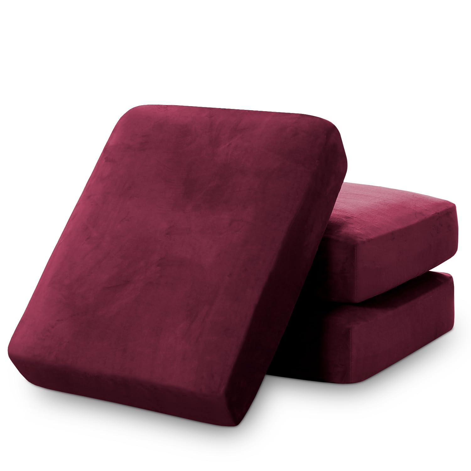 PrinceDeco Stretch Velvet Couch Cushion Covers for Individual Cushions Sofa Cushion Covers Seat Cushion Covers, Sofa Covers Washable, Couch Seat Cushion Covers for Sectional Couch(3 Piece, Burgundy)