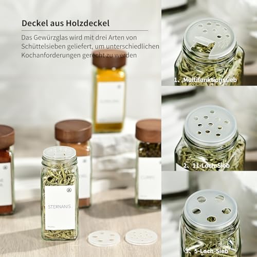 Miorkly Gewürzgläser Eckig Set 12er,Gewürzstreuer Glas mit Holzdeckel 120ml,Küchenzubehör zur Gewürze… – Ansicht 4