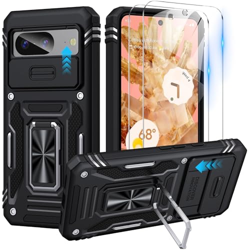 for Google Pixel 8 Case with HD Screen Protector (2 PCS), Slide Camera Cover 360° Metal Rotatable Ring Holder Kickstand, Military Grade Protection Shockproof Heavy Duty Case for Google Pixel 8, Black