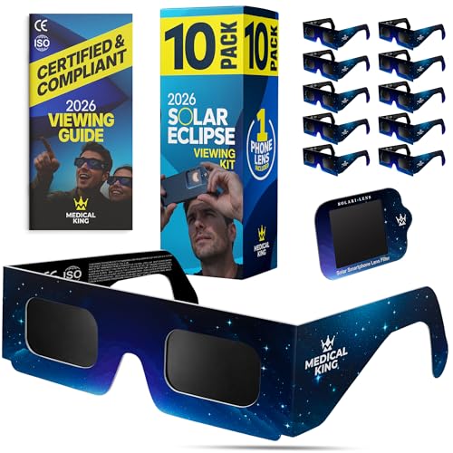 Medical king Solar Eclipse Glasses 12 pk – ISO 12312-2 and CE Certified Glasses For Safe View Solar Eclipse 2026 – The Eclipse August 12, 2026 With 2 Phone Lenss