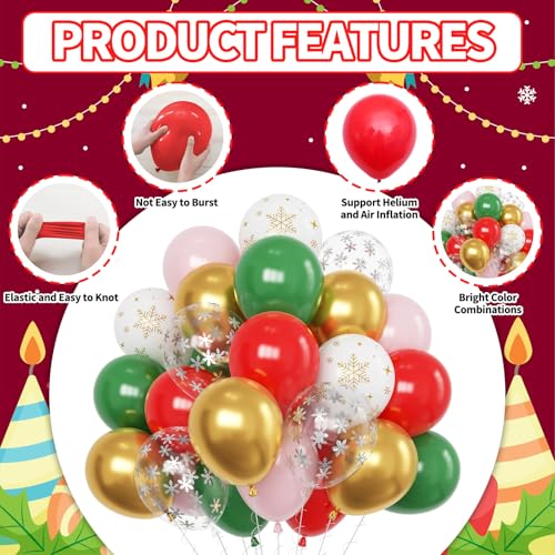 60 Pcs Christmas Party Balloons, Red Green Pink Balloons with Snowflake Printed Confetti balloon, 12 Inch Pastel Pink Green Metallic Gold Balloon Helium for Xmas Birthday New Year Party Decorations - Image 5
