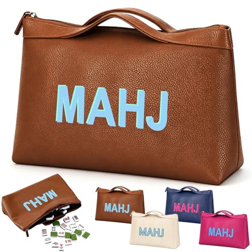 Bolsa de cuero para fichas Mahjong con cierre y asa, marrón