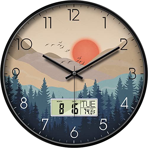 Silent Wall Clock with Day Week Temperature Wilderness with Sunset Non-ticking Battery Operated Large Digital Modern Clocks Display with Calendar and Date for Kitchen Farmhouse Bathroom Office 12 Inch