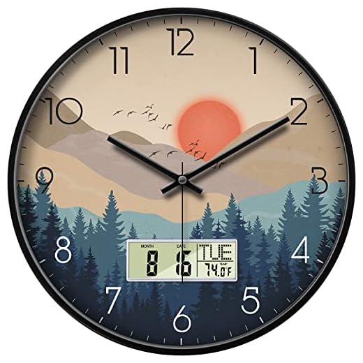 Silent Wall Clock with Day Week Temperature Wilderness with Sunset Non ticking Battery Operated