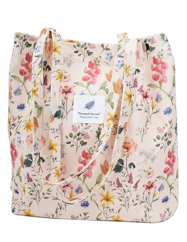 Image of TOPASION Cute Corduroy Tote Bag Canvas Shoulder Handbags for Women Travel Shopping