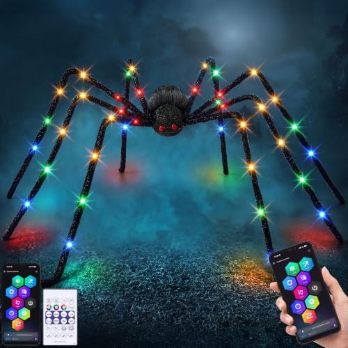 Image of JOYIN Halloween Light Up Large Spider Outdoor Decorations, 5 Ft Giant Spider for Yard Lawn Outside Decor, Indoor Party Haunted House Prop, Multicolor RGB Colors Changing with App Control