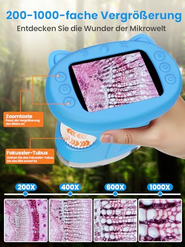 Vorth Mikroskop für Kinder Lupe, 2.4\ Größer IPS Bildschirm Digitales Tragbares Taschenmikroskop mit 1000-facher Vergrößerung, Handy Experimente Kindermikroskop Spielzeug ab 3 Jahren - Blau