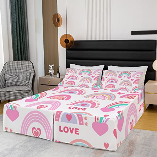 Pink Hearts Rainbow Bed Skirts Full Love Heart Bedskirts Valentine's Day Wedding Couple Bed Skirt Gifts For Teen Adults Women,Cute Kawaii Bedding Decor Aesthetics Room Decor 3 Pcs #TOP2