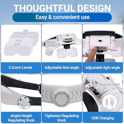 YOCTOSUN LED Headband Magnifier, Rechargeable Illuminated Magnifying Visor -1X to 14X Zoom, Hands Free Head Mounted Magnifying Glasses with Lights for Close Work, Sewing, Crafts, Jewelry, Watch Repair - Thumbnail 5