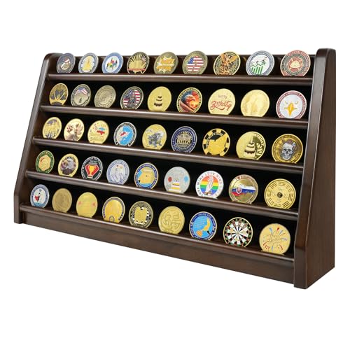 TJWZXX Challenge Coin Display Case, 5 Rows Military Wooden Holder Stand Holds 45 Coins for Wall or Desk Display, Coin Rack for Coin Collection