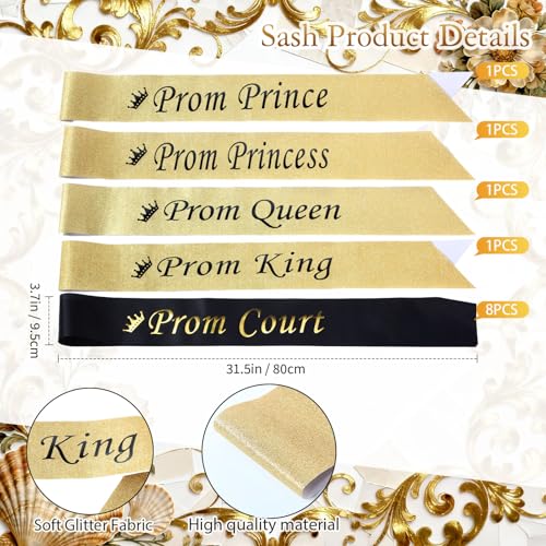 Ferreve 16 Pcs Prom King Queen Crown Sash Set Crystal Rhinestones Tiaras Sash for Prince Princess Court Birthday Wedding Graduation Party Favor Costume Accessories Dress Up(Gold) by Ferreve - Image 2