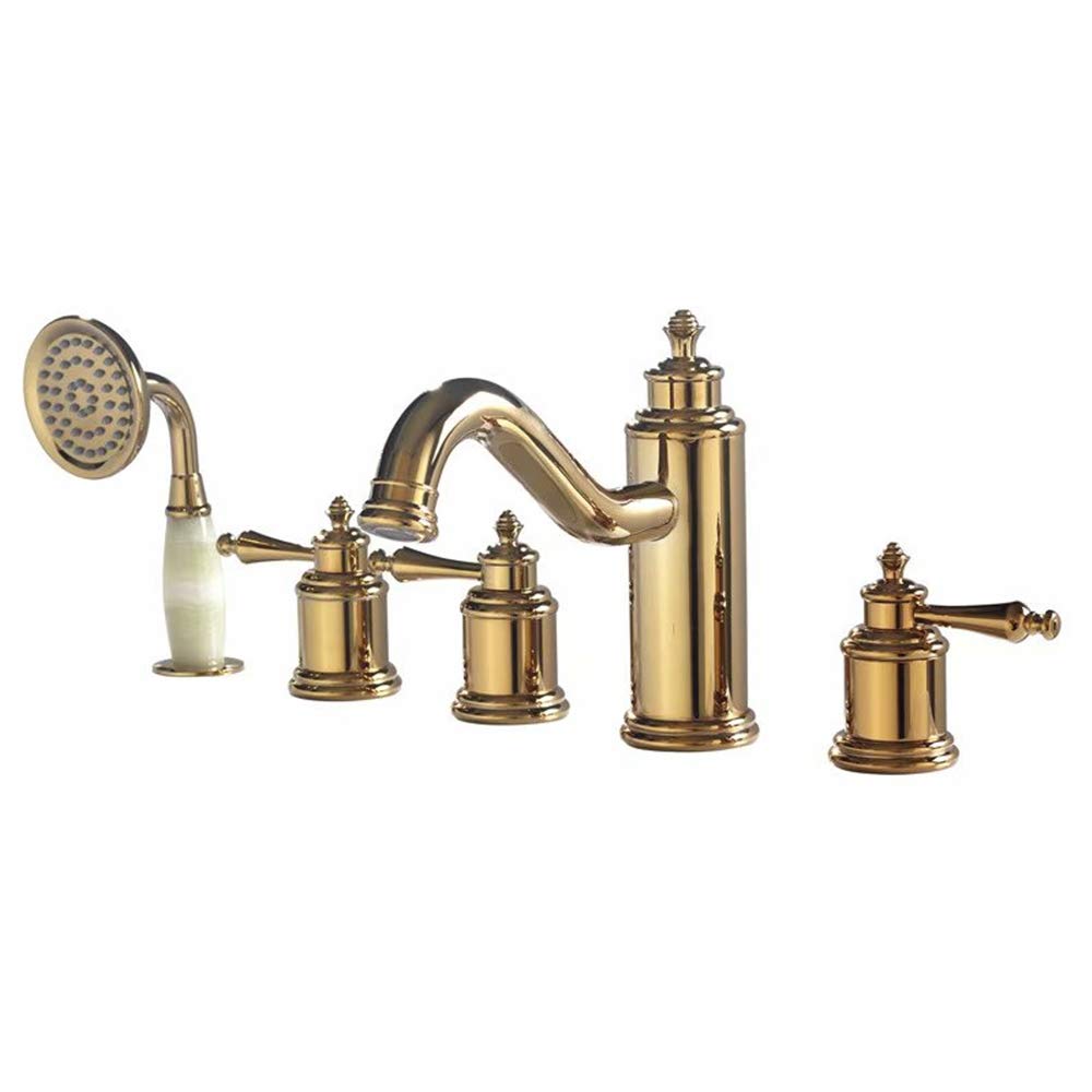 BHGFYXBS Bathtub Faucet With Hot And Cold Water Deck Mounted Brass Bathtub Shower Mixer Tap 3 Handles 5 Holes Bathtub Faucet Set With Handheld Shower, Bathtub Spout,Gold,Gold