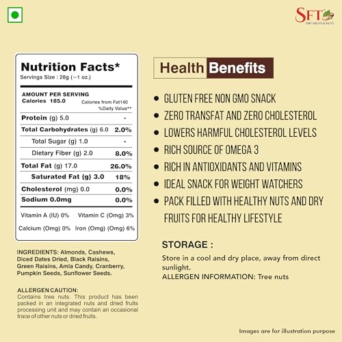 Image of SFT Premium Mixed Dry Fruits & Seeds (9 In 1) Pack 500Gm | Nutritious Snack with Almonds, Cashews, Diced Dates, Black Raisins, Green Raisins, Amla Candy, Cranberry, Pumpkin & Sunflower Seeds | Resealable Pack for Freshness
