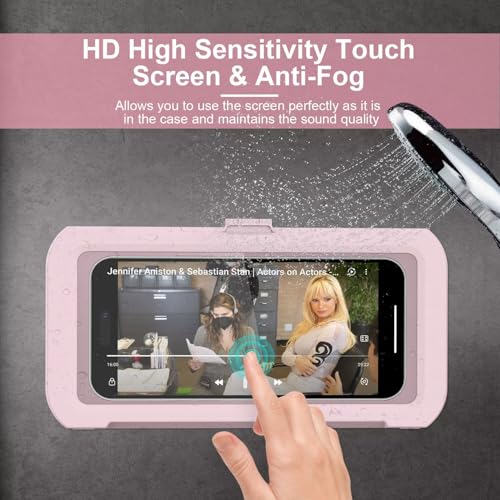 Image of URROY Shower Phone Holder Waterproof, 360 Rotation Shower Phone Case, Anti-Fog High Sensitivity Universal Cover Mount Stand for Bathroom Wall Mirror Bathtub Kitchen, Gift for Men Women Pink