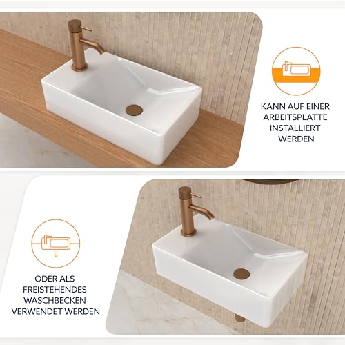 HOGART Waschbecken Wandmontage Keramik, 38x22cm, Rechteckiges Hängewaschbecken oder Aufsatzwaschbecken mit Hahnloch Links, ohne Überlauf, Handwaschbecken Klein für Gäste WC, Kleines Bad (Right Bowl)
