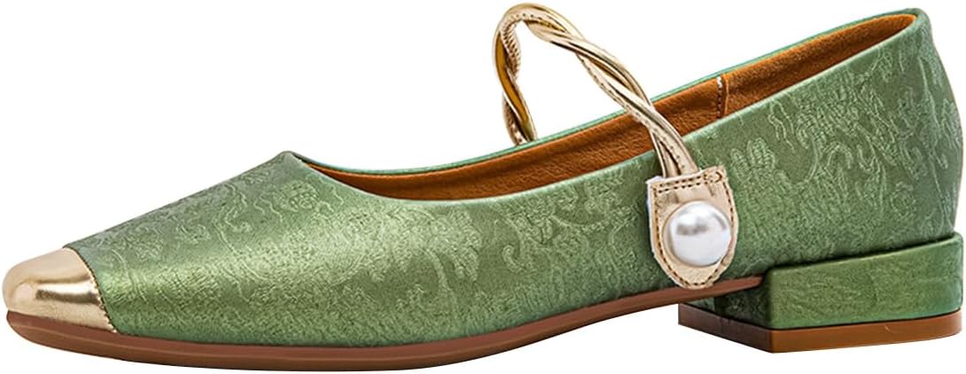 FSJ Women Square Cap Toe Textured Mary Jane Pumps with Pearl Strap Low Block Heel Comfortable Daily Wear Office Dress Shoes Size 4-16 US