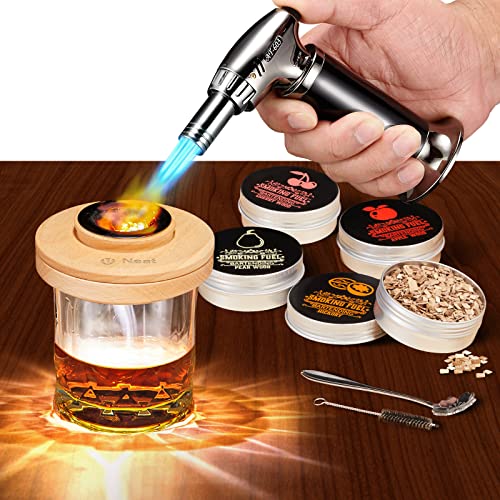 2023 New Cocktail Smoker Kit with Torch with 4 Wood Chips Flavors, Old Fashioned Drink Smoker with Light Up LED Coaster, Infuse Cocktails, Wine, Whiskey, Meats, Whiskey Gifts for Men Women (No Butane)