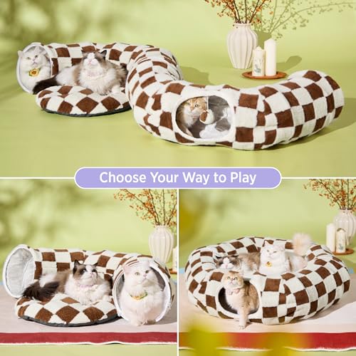 Image of Lesure Large Cat Tunnel Bed - Cute Donut Bed for Indoor Cats with Washable Circle Cushion, Round Pet Peekaboo Cave Toy for Multi Kitten /Puppy /Rabbit, Large Brown Checks