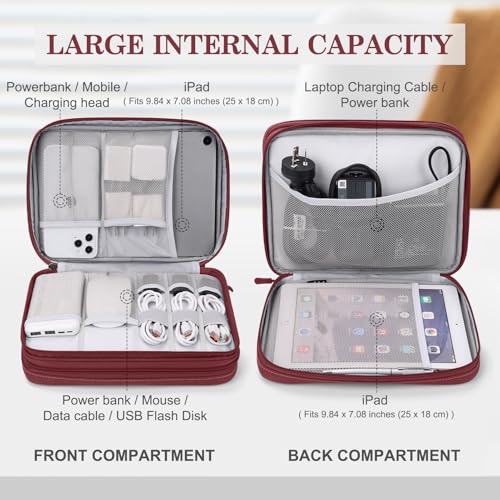 Image of FYY Electronic Organizer, Extra Large Travel Cable Organizer Bag Pouch Portable Waterproof Double Layers All-in-One Storage Bag for iPad, Cable, Power Bank, Laptop Charger for Office /Home, Wine Red