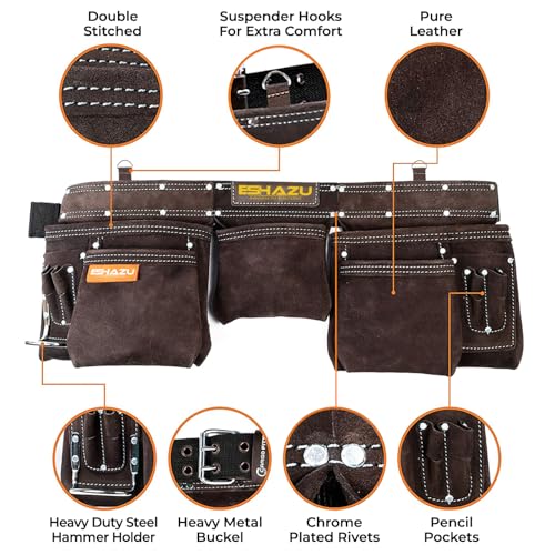 Eshazu Professional Leather Tool Belt - Carpenter Tools Belt - Tool Belt for Carpenters with 12 Pockets, Hammer Loop - Suitable for Electricians - Accommodates Waist up to 52” 3 Eshazu Professional Leather Tool Belt - Carpenter Tools Belt - Tool Belt for Carpenters with 12 Pockets, Hammer Loop - Suitable for Electricians - Accommodates Waist up to 52” - Image 3