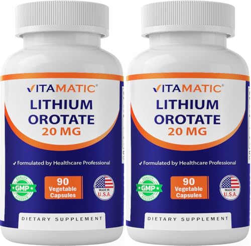 Vitamatic Lithium Orotate 20mg 90 Capsules - Veggie Caps Non-GMO Gluten Free- 2 Pack