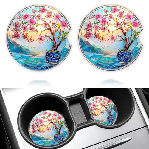 2 Pack Car Cup Holder Coasters, 2.56 Inch Tree Ceramic Cup Holder Insert, Universal Auto Non-Slip Absorbent Coaster, with Base and Finger Notch, Car Interior Accessories Sets for Women Men
