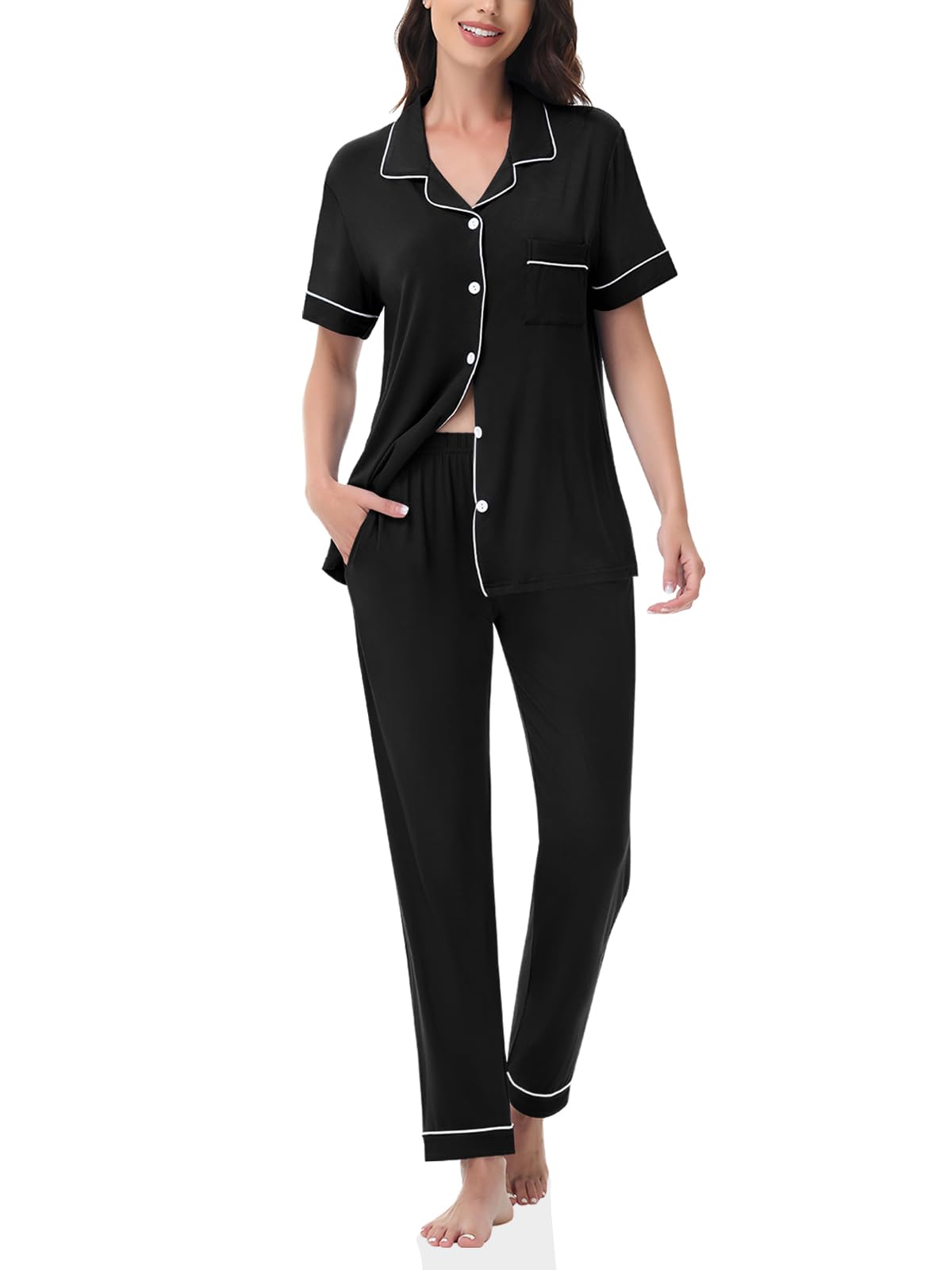 YOPUGEE Womens Modal Pajama Set 2 Piece Soft Lounge Set Short Sleeve Button Up Pajama Comfy Pj Pants With Pockets S-3XL