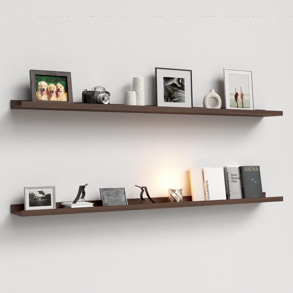 55.1 Inches Long Floating Shelves Wall Mounted, 2 Set Rustic Wall Shelf for Bedroom, Nursery Book Shelf with Lip, Picture Ledge Shelf for Wall Decor Living Room Bathroom Kitchen - Walnut Walnut 55.1 In
