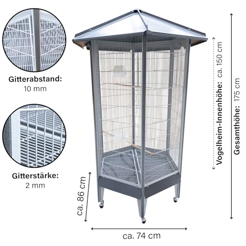Montana Cages | Großer Vogelkäfig Villa Redondo, Vogelvoliere sechseckig Antik-Platinum für Sittiche und Papageien mit Rollen, Kotwanne und Zubehör