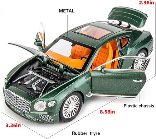 Image of 1:24 Bentley Continental GT Scale Die-cast Alloy Pull Back Toy Car for Kids Openable Doors Light & Music Big Size Metal Vehicle Realistic Model Car for Boys and Girls Gift Idea (Green)