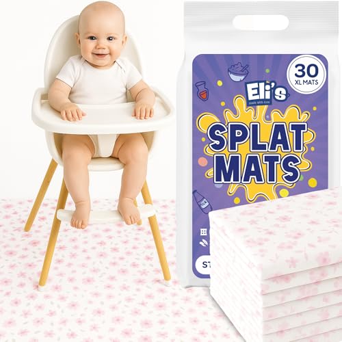 30 Pack Disposable Splat Mats by Eli with Love - Extra Large 49x49 100% Waterproof Baby Splat Mat for Under High Chair - Plastic Mat Liner for Floor - Protect from Spills (Floral 30 Pack)